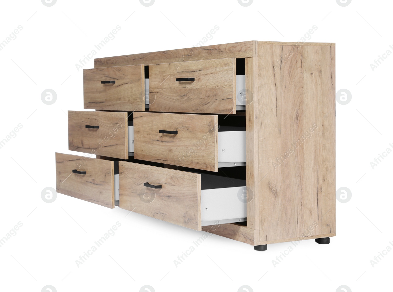 Photo of New wooden chest of drawers isolated on white