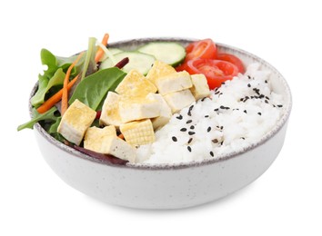 Photo of Delicious poke bowl with vegetables, tofu and mesclun isolated on white
