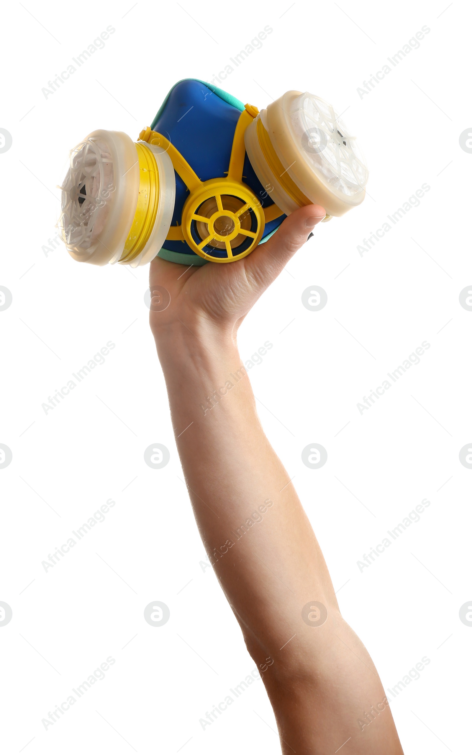 Photo of Construction worker holding respirator mask isolated on white