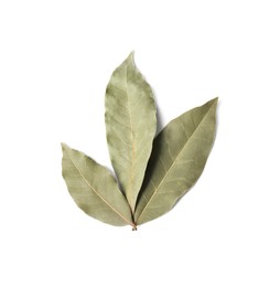 Photo of Aromatic bay leaves on white background, top view