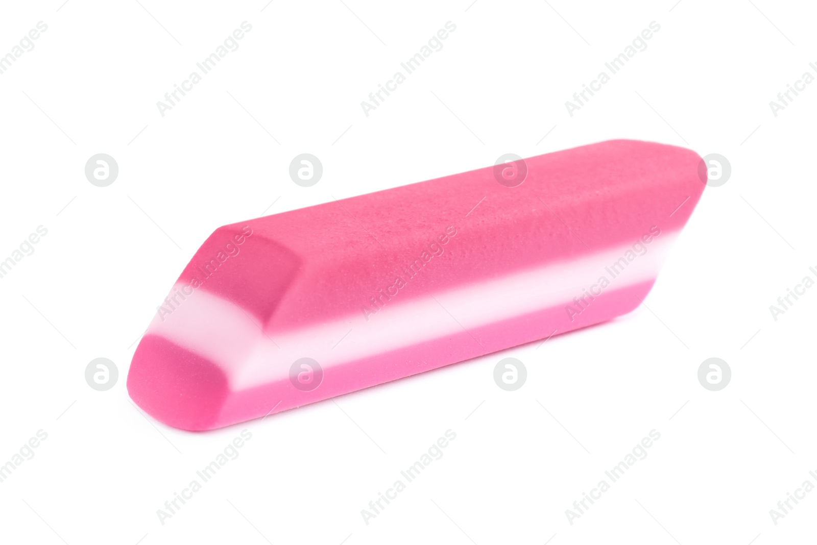 Photo of New bright eraser isolated on white. School stationery