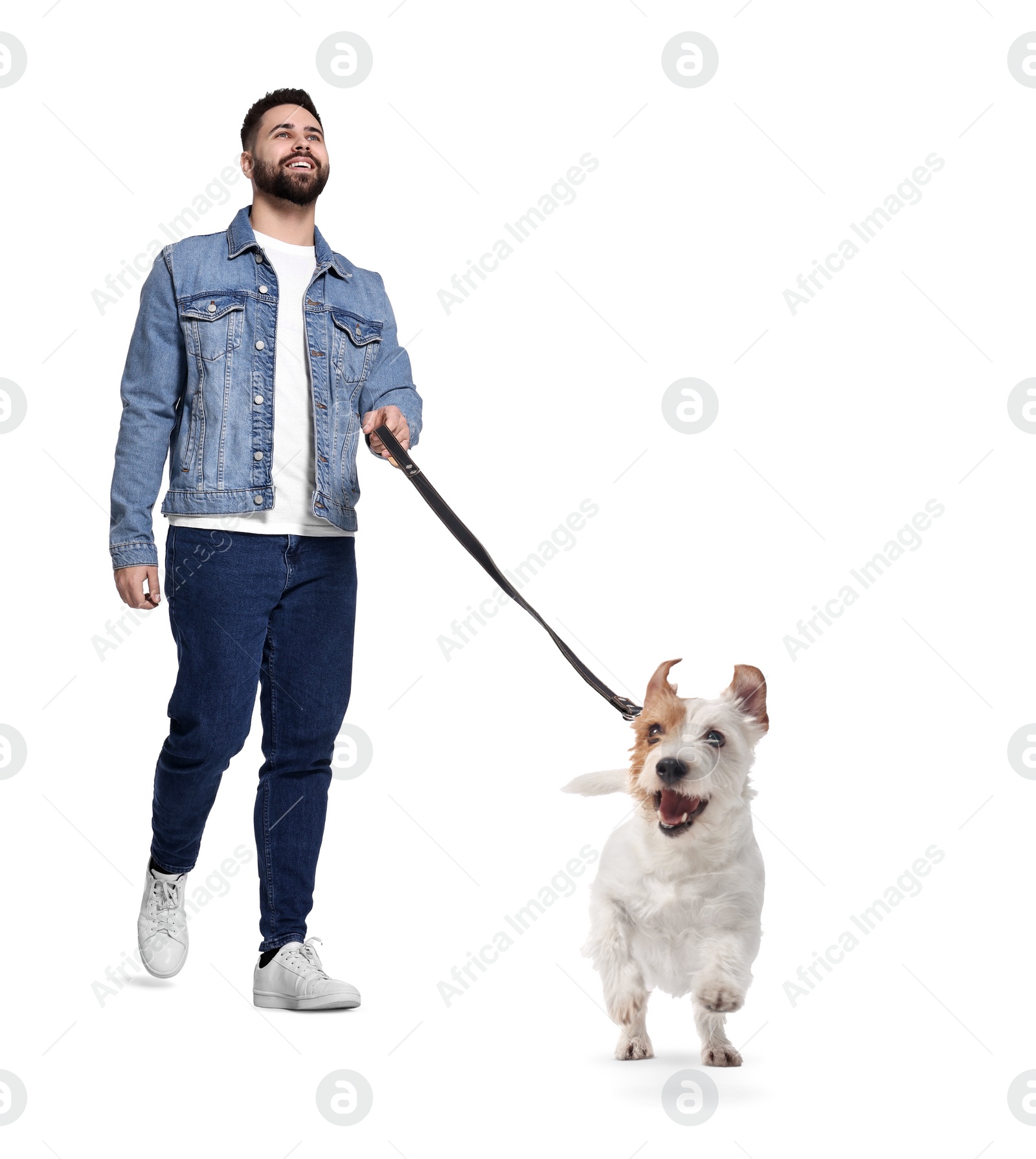 Image of Smiling man walking with dog on white background, low angle view