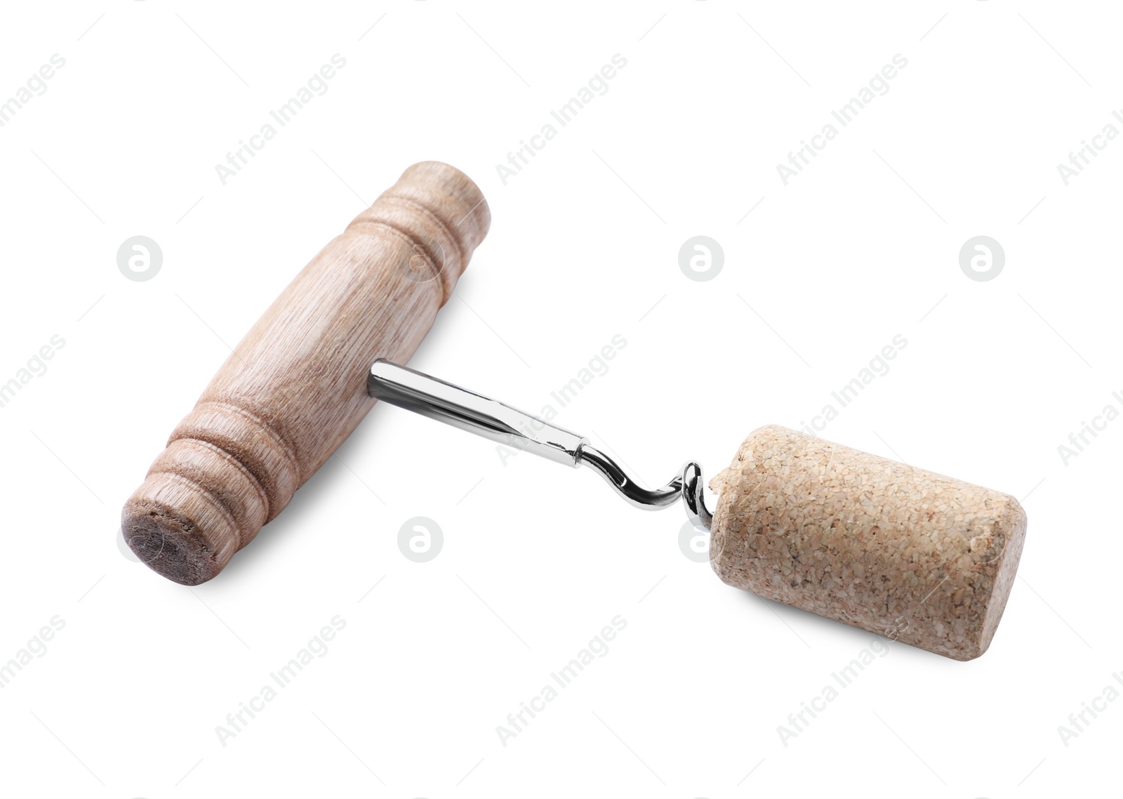 Photo of Corkscrew and wine bottle stopper isolated on white
