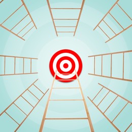 Image of Target and achievement concept. Wooden ladders and one leading to bullseye on light blue background