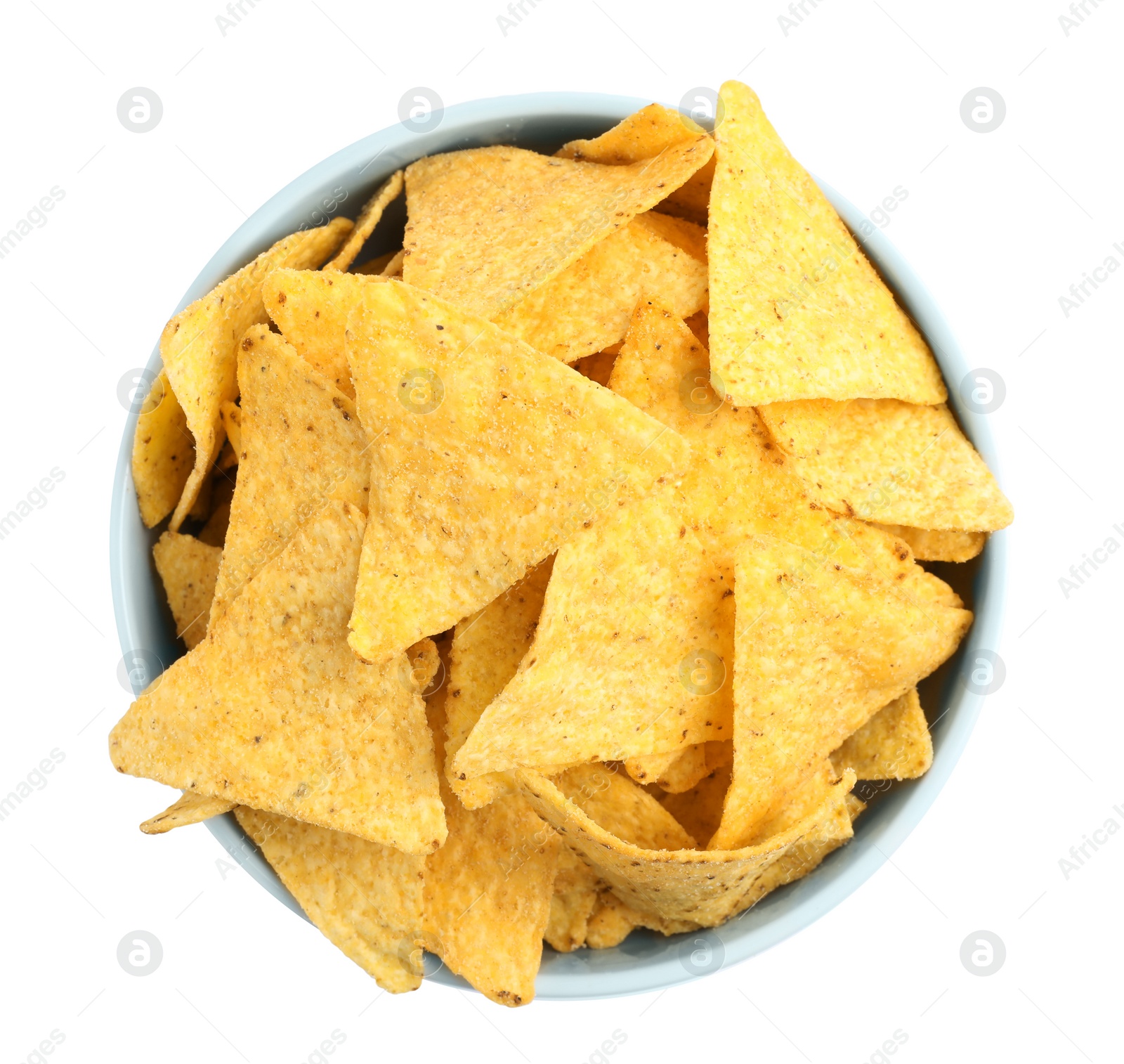 Photo of Bowl with tasty Mexican nachos chips on white background, top view