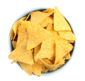 Photo of Bowl with tasty Mexican nachos chips on white background, top view