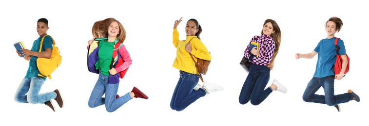 Image of Collage of jumping teenagers with school stationery on white background. Banner design