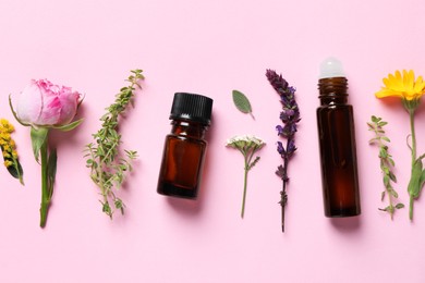 Bottles of essential oils, different herbs and flowers on pink background, flat lay