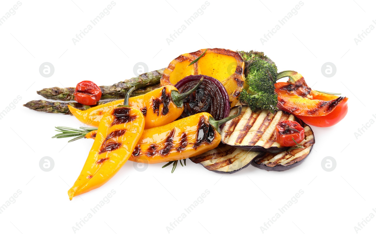 Photo of Different delicious grilled vegetables isolated on white