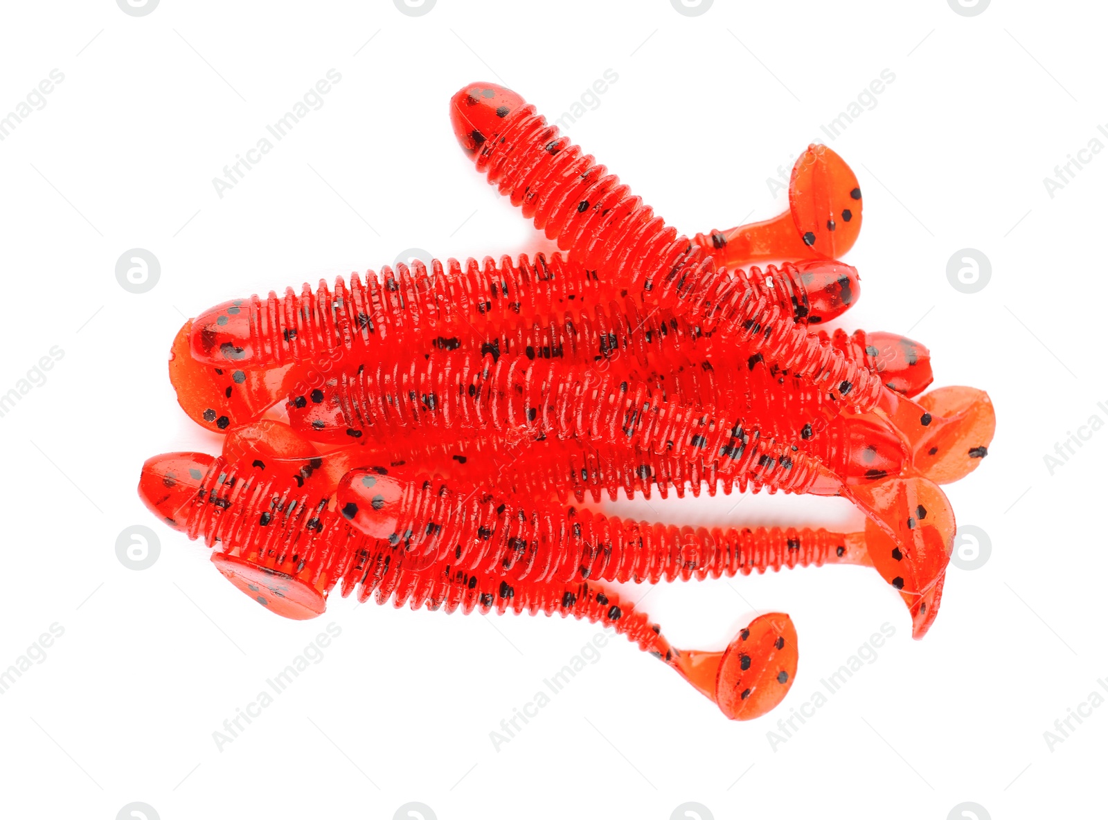 Photo of Rubber worms on white background, top view. Fishing lure