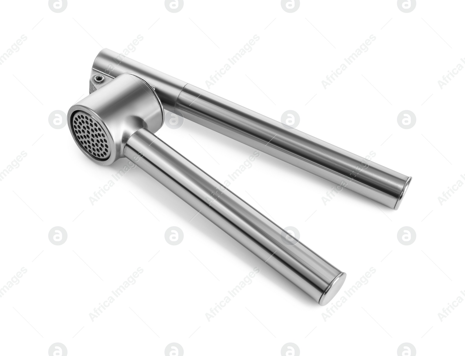 Photo of One metal garlic press isolated on white