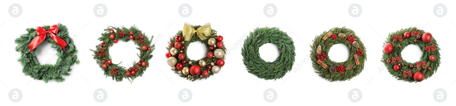 Image of Set with beautiful Christmas wreaths on white background, banner design