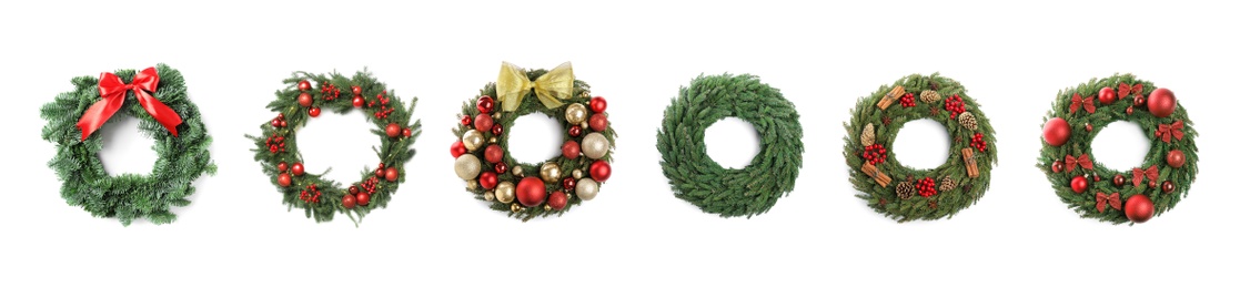 Set with beautiful Christmas wreaths on white background, banner design