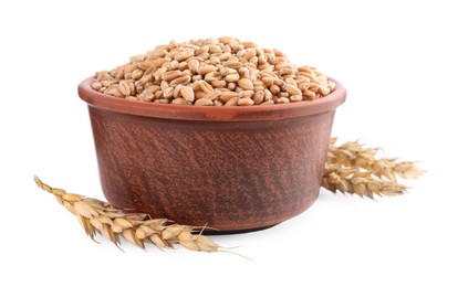 Photo of Bowl with wheat grains and spikes on white background