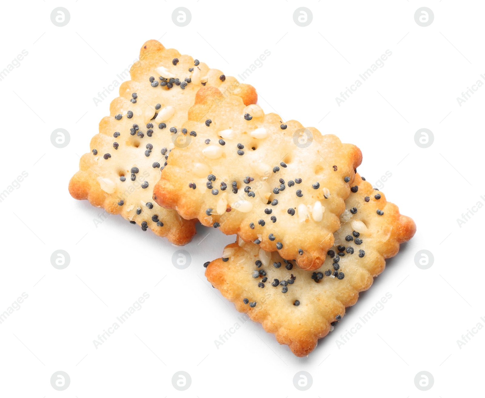 Photo of Delicious crispy crackers with poppy and sesame seeds isolated on white, top view