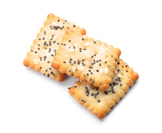 Photo of Delicious crispy crackers with poppy and sesame seeds isolated on white, top view