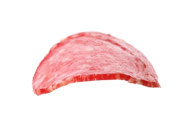 Photo of Cut fresh tasty sausage on white background