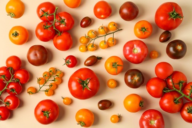 Flat lay composition with fresh ripe tomatoes on beige background