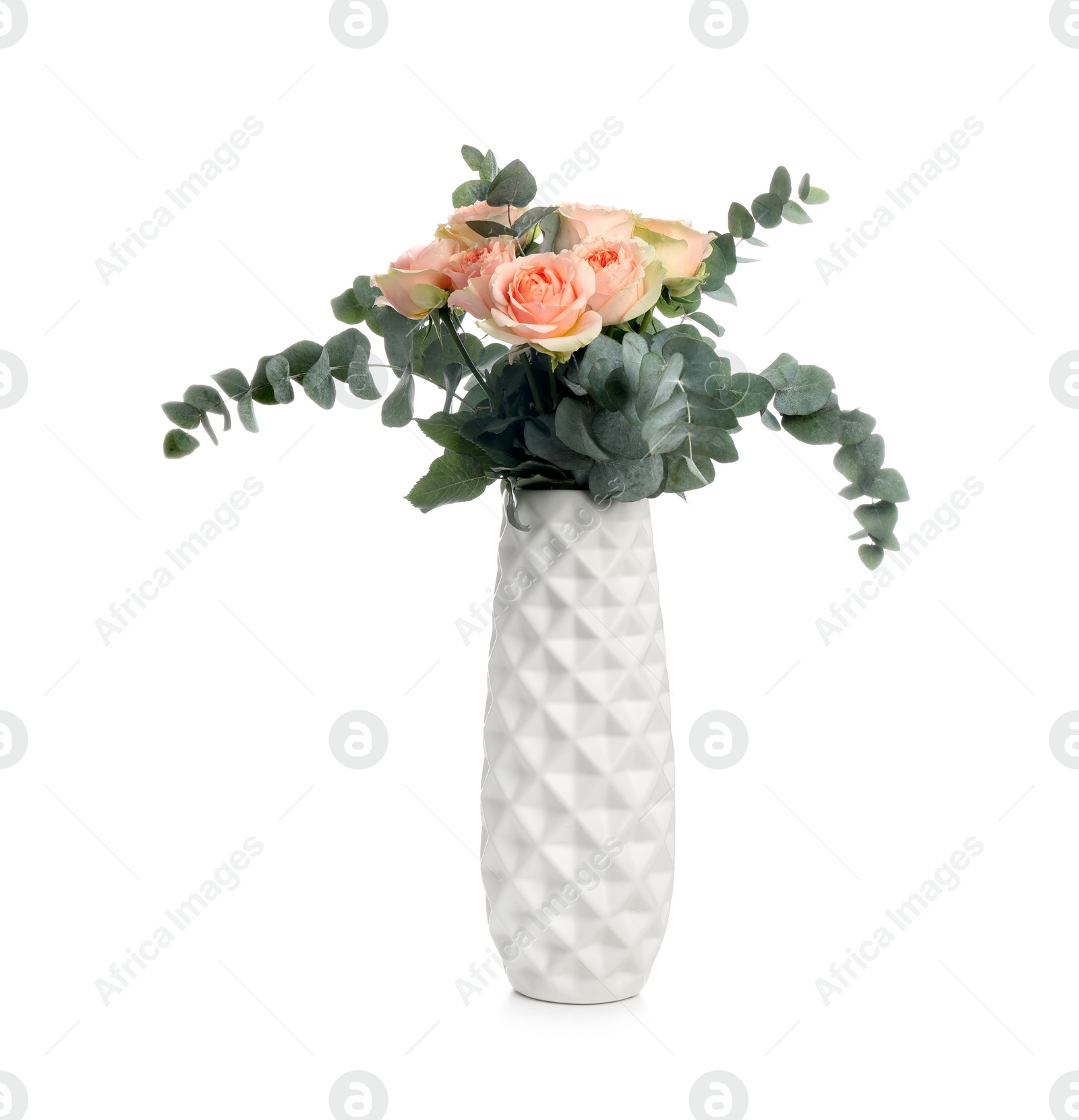 Photo of Vase with bouquet of beautiful roses on white background