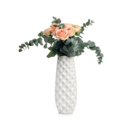 Vase with bouquet of beautiful roses on white background