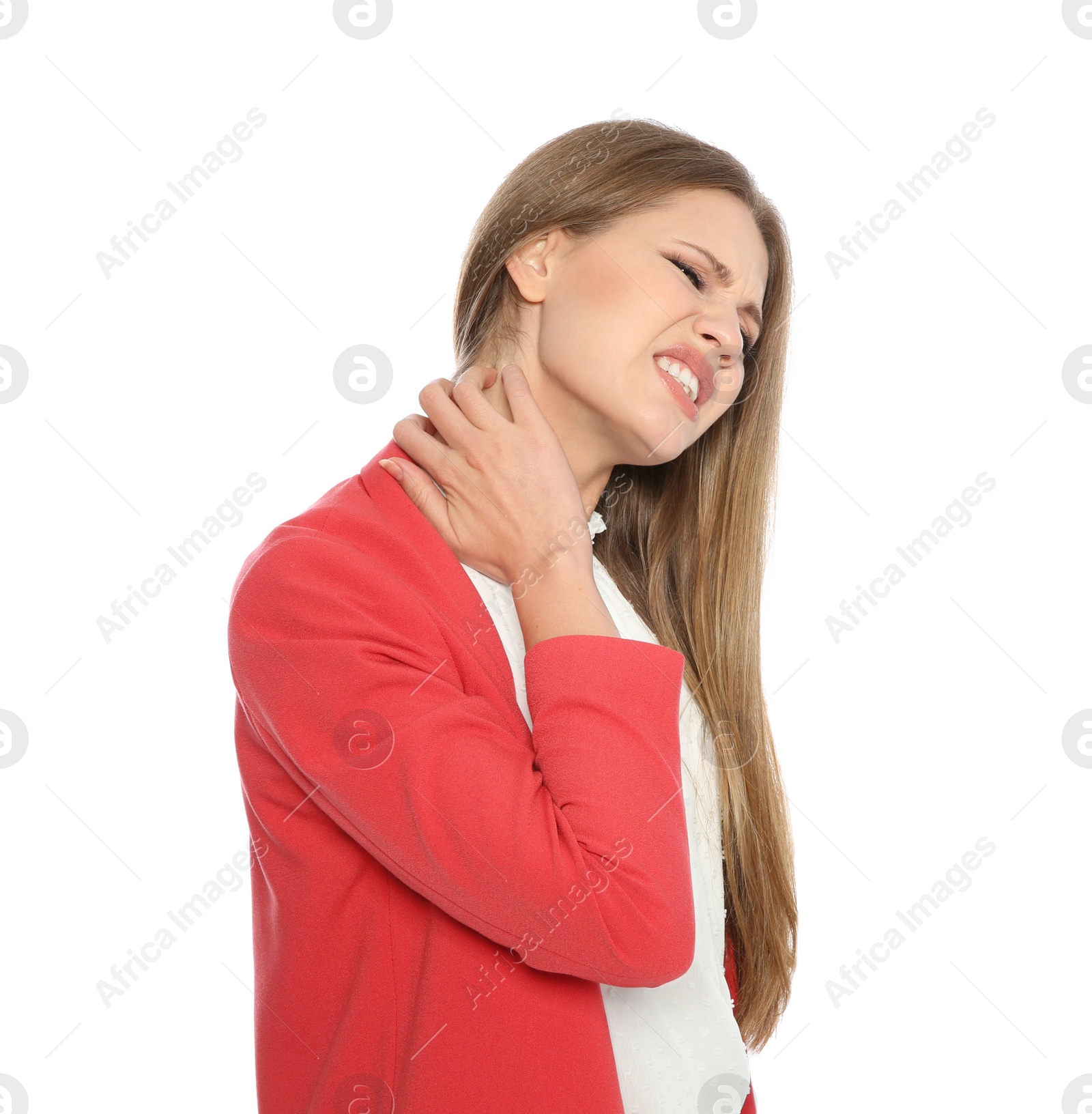 Photo of Young woman scratching neck on white background. Annoying itch