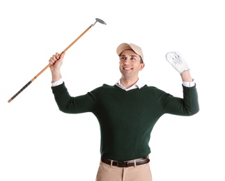 Young man with golf club on white background
