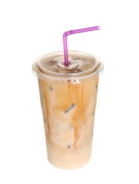 Photo of Takeaway plastic cup with cold coffee drink and straw on white background
