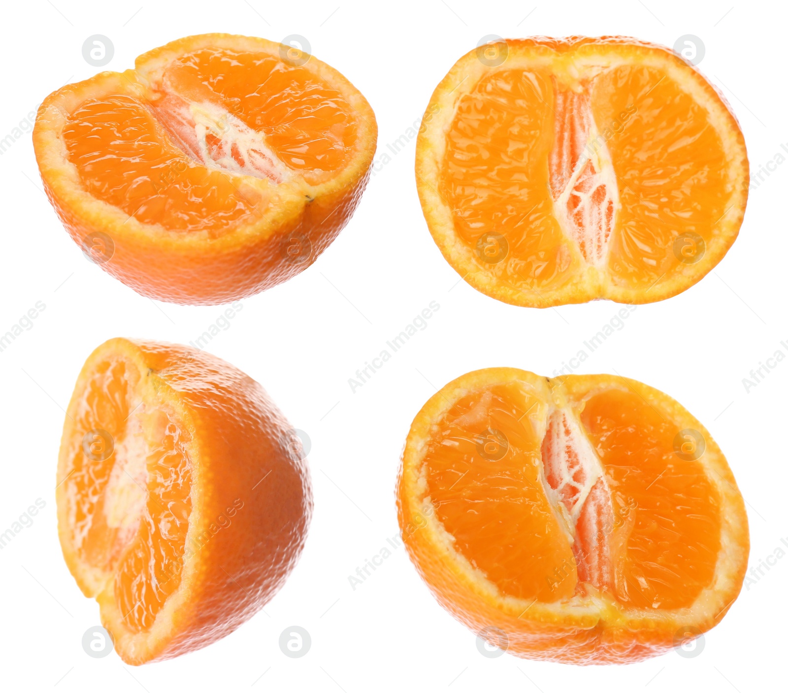 Image of Tasty fresh tangerines on white background, collage