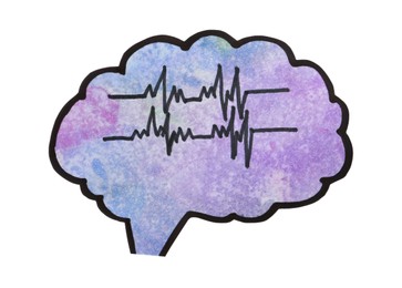 Photo of Paper brain cutout with pulse lines on white background. Epilepsy awareness
