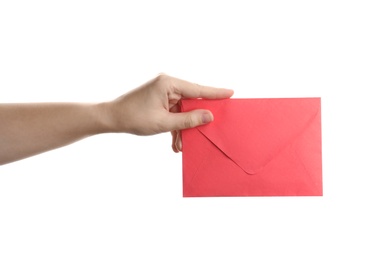 Photo of Woman holding red paper envelope on white background, closeup