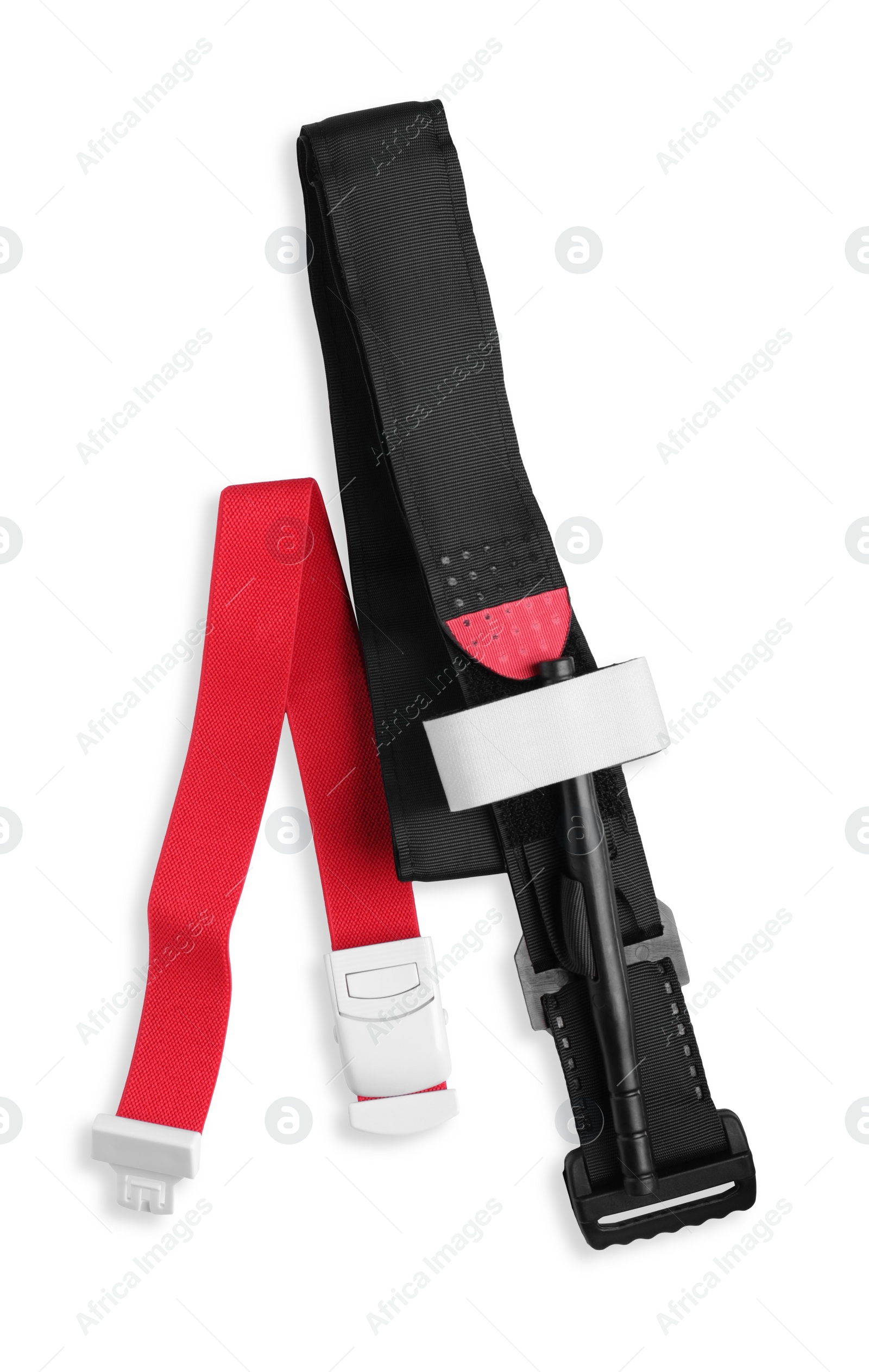 Photo of First aid tourniquets isolated on white, top view. Medical equipment