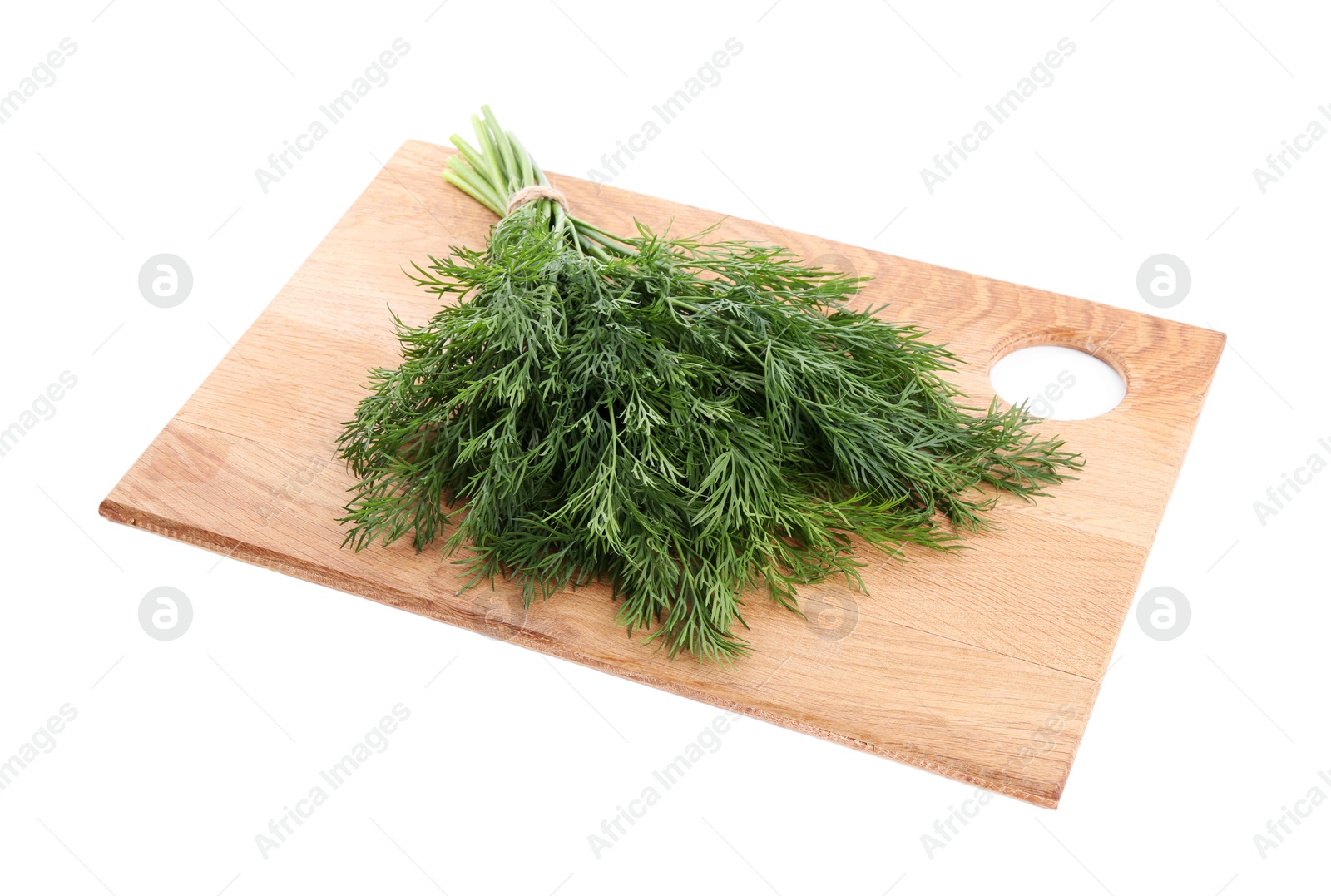 Photo of Board with fresh green dill isolated on white