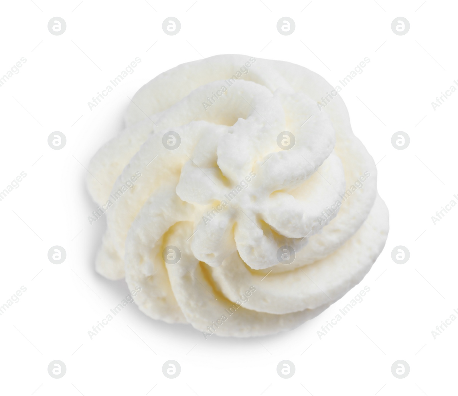 Photo of Delicious whipped cream isolated on white, top view