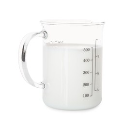 Photo of Fresh milk in measuring cup isolated on white