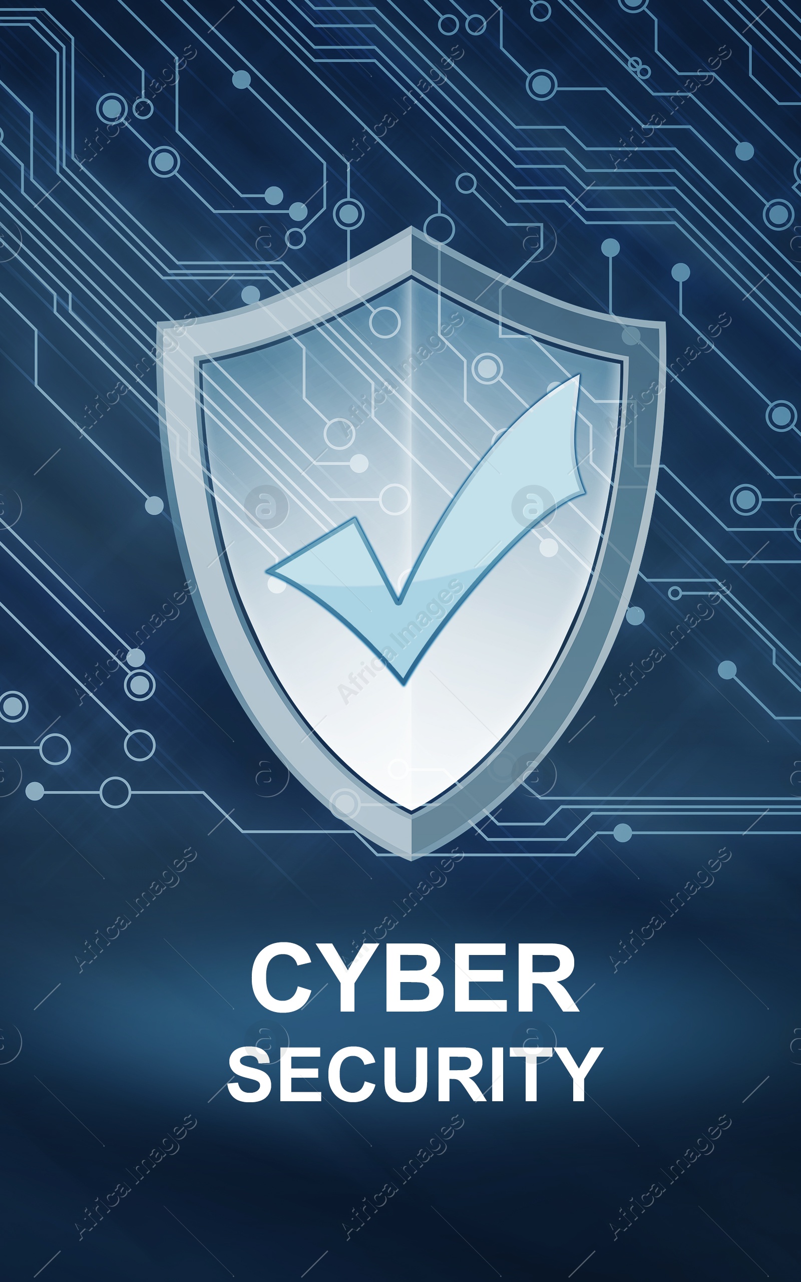 Illustration of Cyber security concept. Shield with check mark illustration and text against circuit board pattern