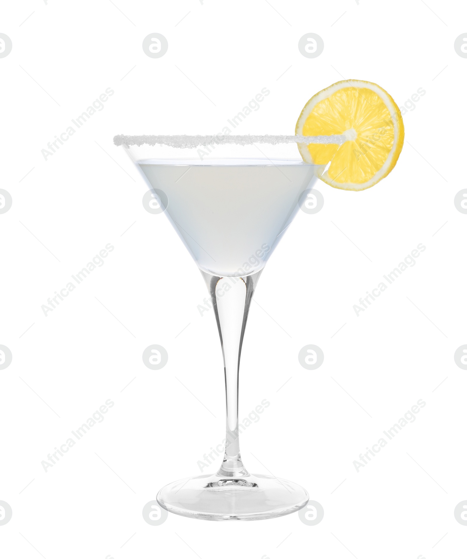 Photo of Martini glass of refreshing cocktail decorated with lemon and sugar isolated on white