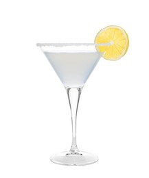 Martini glass of refreshing cocktail decorated with lemon and sugar isolated on white