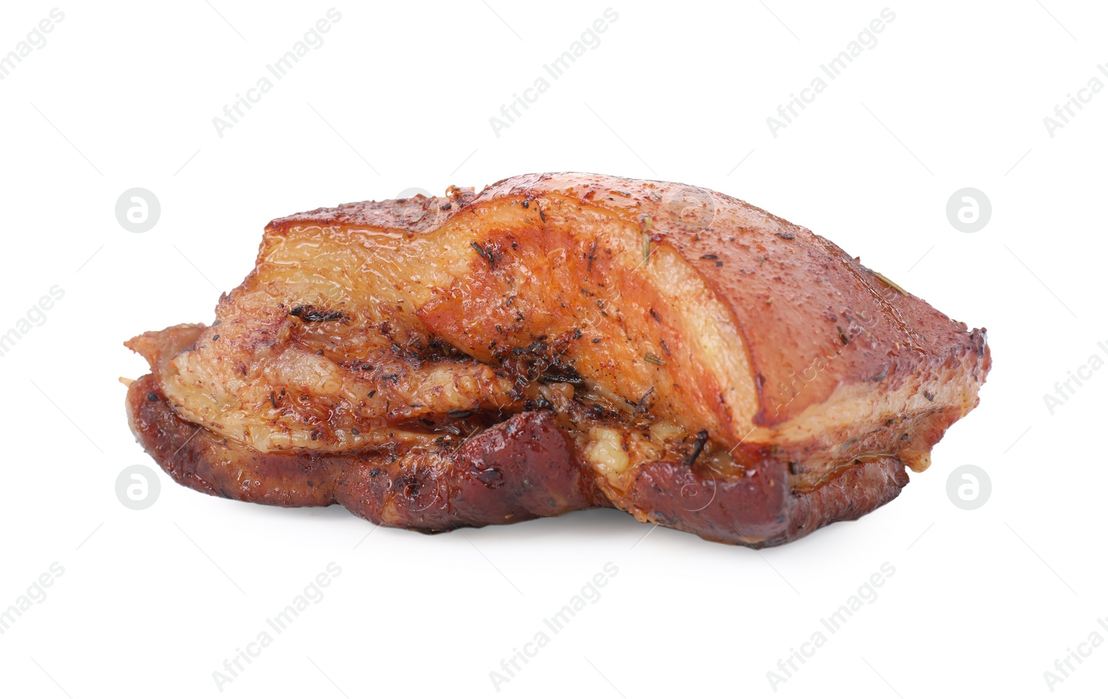 Photo of Piece of tasty baked pork belly isolated on white