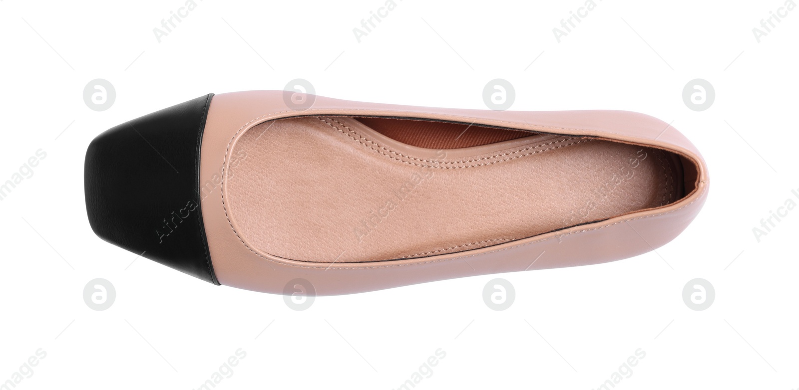 Photo of One new stylish square toe ballet flat on white background, top view