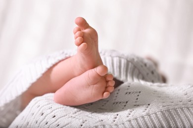Photo of Cute newborn baby covered in white knitted plaid, closeup of legs. Space for text