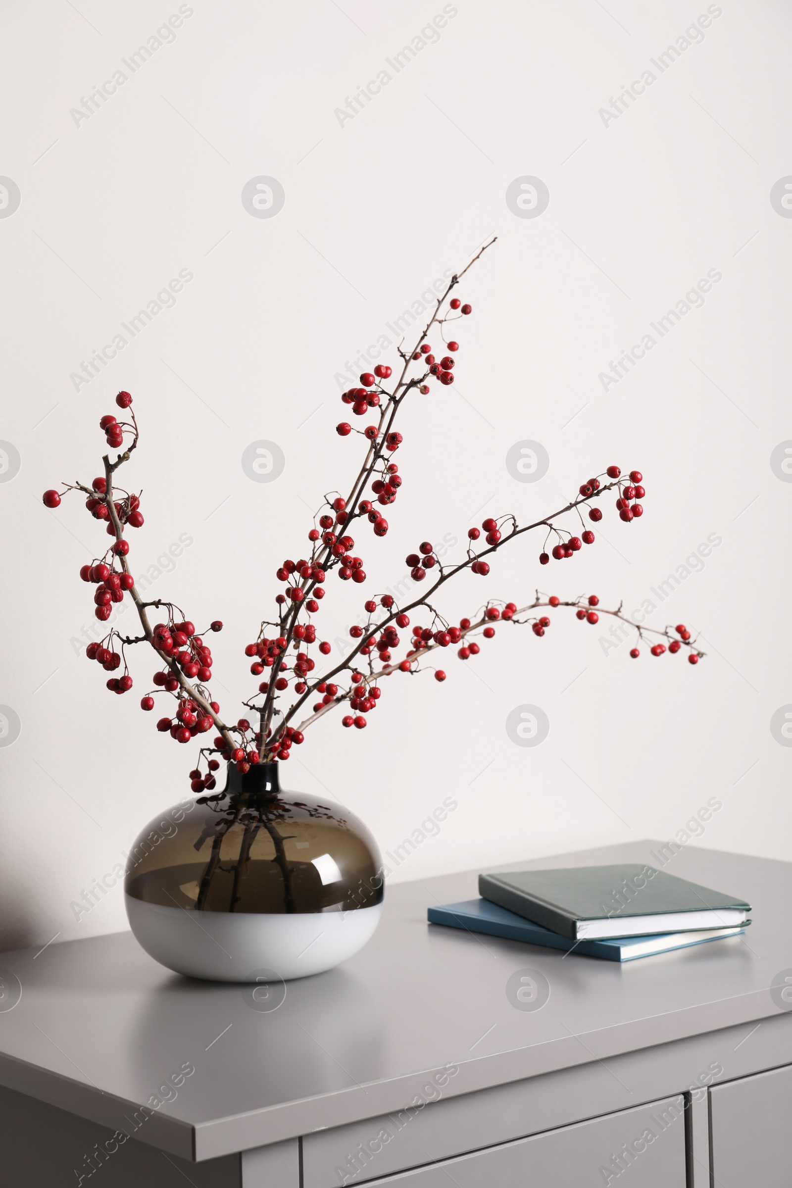 Photo of Hawthorn branches with red berries in vase and books on grey table indoors