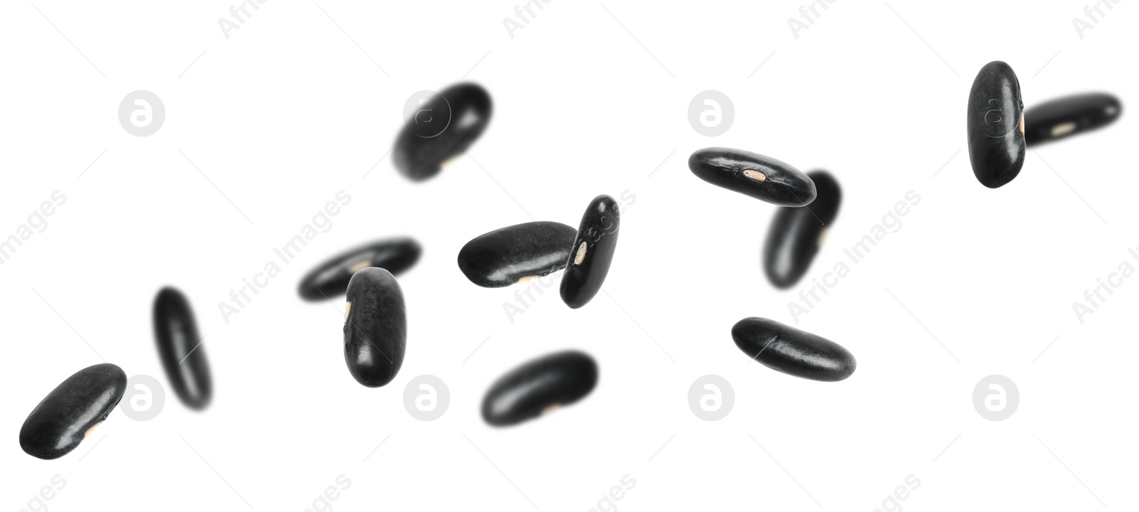 Image of Many black beans falling on white background, banner design. Vegan diet 