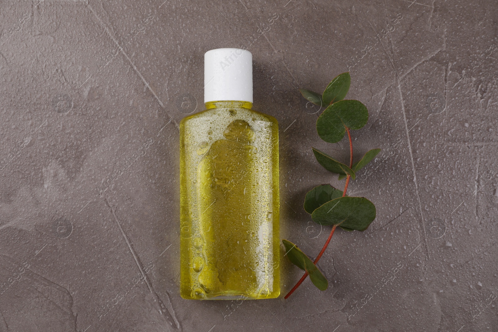 Photo of Fresh mouthwash in bottle and eucalyptus branch on dark textured table with water drops, top view