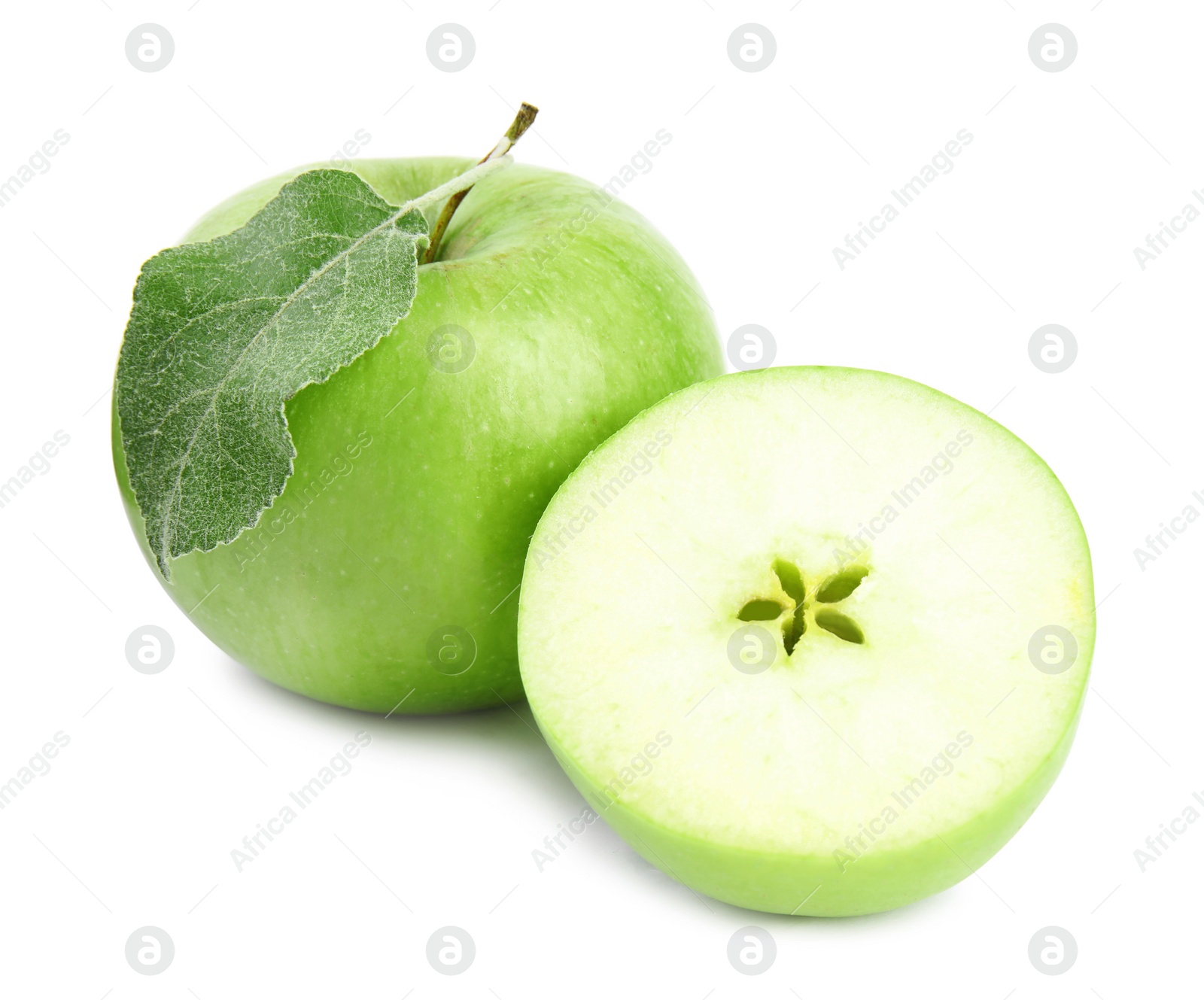 Photo of Fresh ripe green apples with leaf on white background