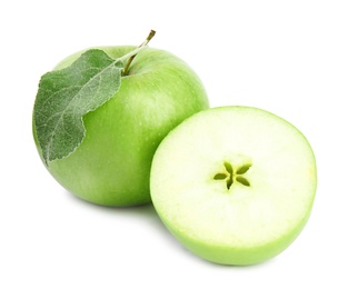 Photo of Fresh ripe green apples with leaf on white background