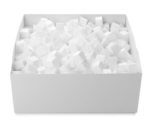 Cardboard box with styrofoam cubes isolated on white