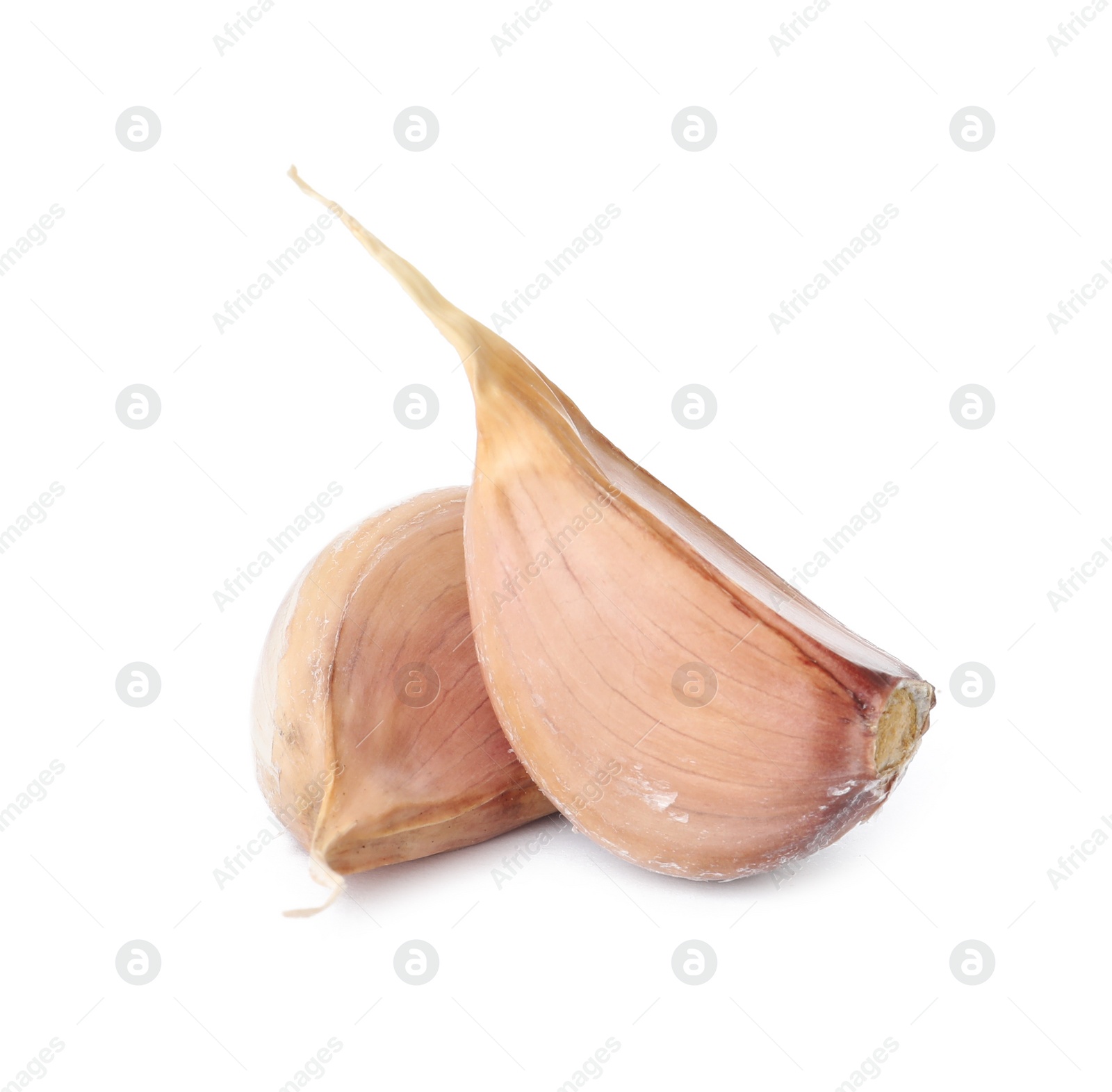 Photo of Fresh organic garlic cloves on white background