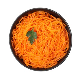 Photo of Delicious Korean carrot salad with parsley in bowl isolated on white, top view