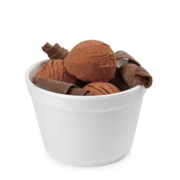 Bowl of tasty ice cream with chocolate curls isolated on white