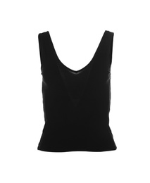 Photo of Stylish tank top on mannequin against white background. Women's clothes